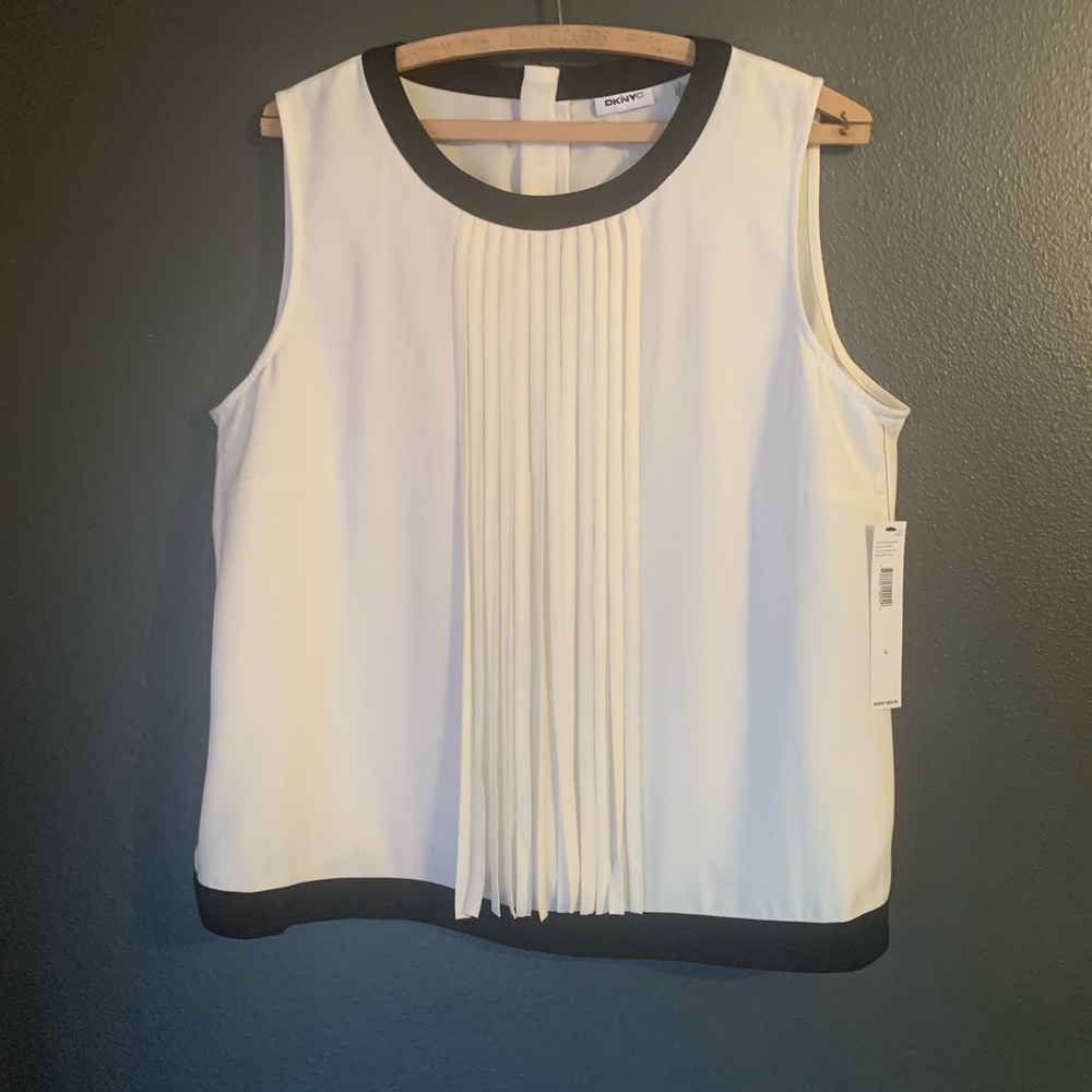 DKNYC White Blouse with Black Accents With Fringe Accent